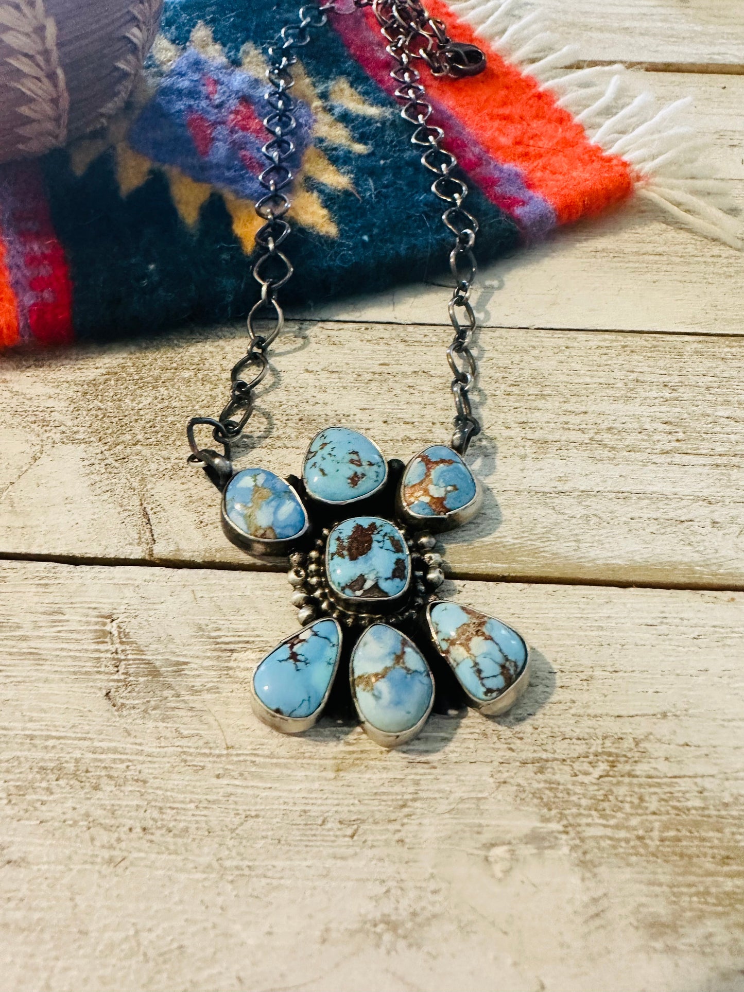 Navajo Sterling Silver & Golden Hills Turquoise Cluster Necklace