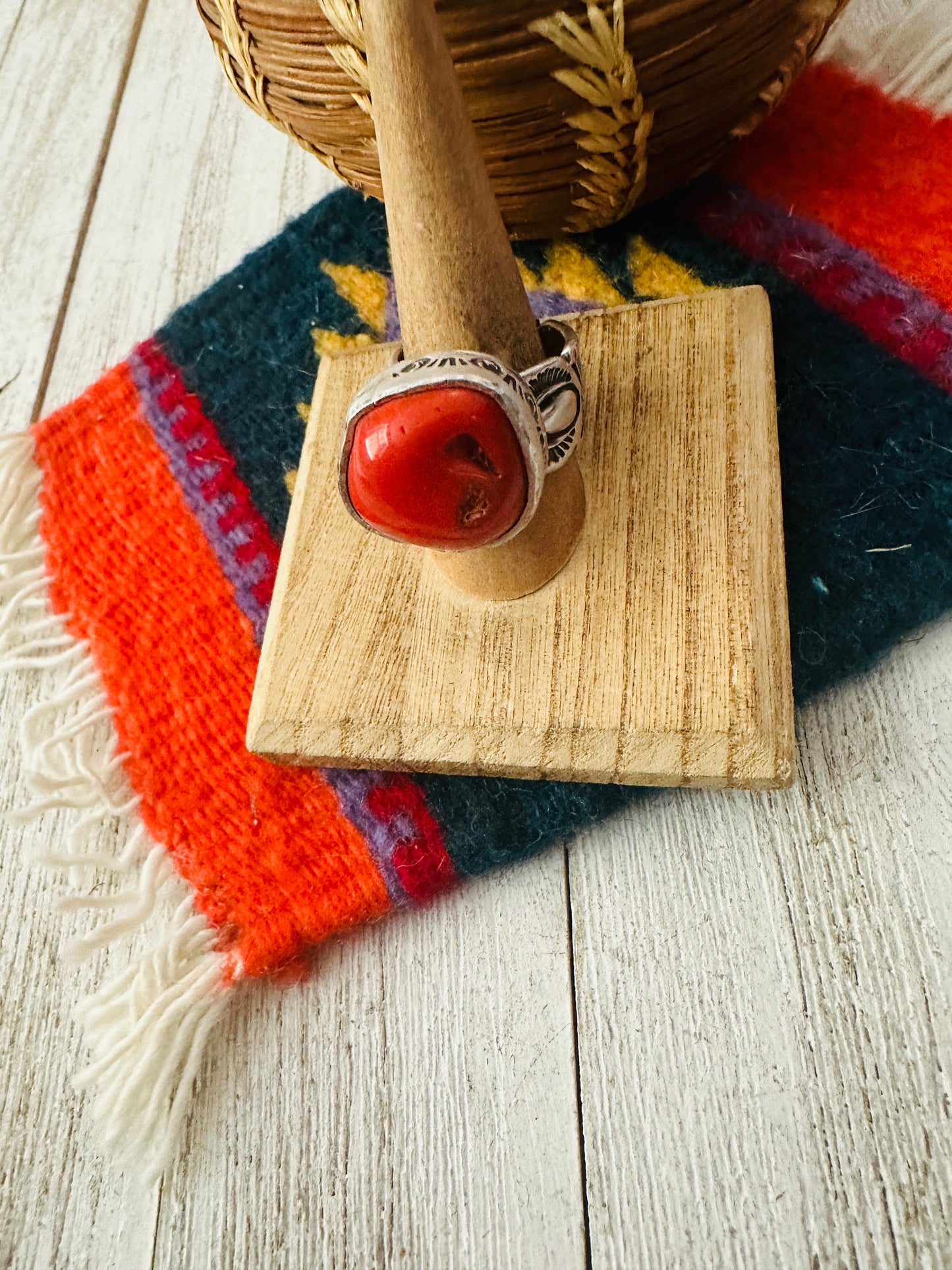 Navajo Coral & Sterling Silver Adjustable Ring by Russell Sam