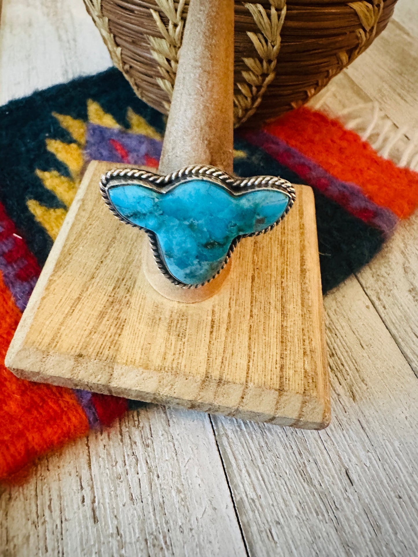 Navajo Royston Turquoise & Sterling Silver Bullhead Adjustable Ring