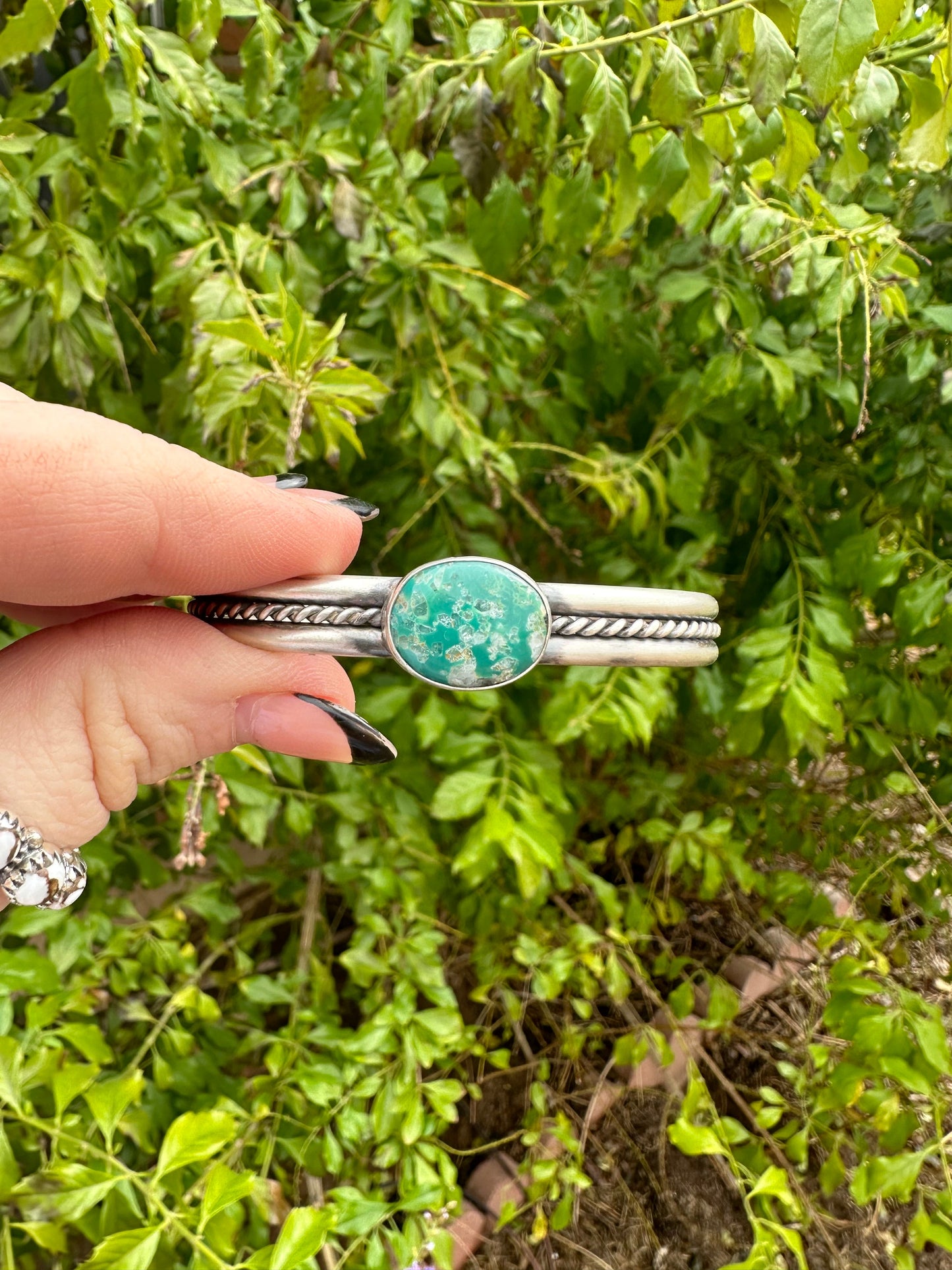 Navajo Single Stone Turquoise And Sterling Silver Adjustable Cuff Bracelet