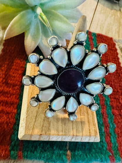 Navajo Sterling Silver, Mother of Pearl & Spiny Cluster Adjustable Ring