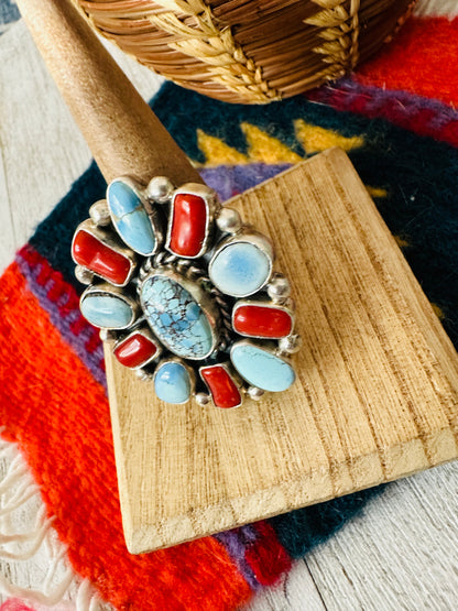 Navajo Golden Hills Turquoise, Coral & Sterling Silver Cluster Adjustable Ring