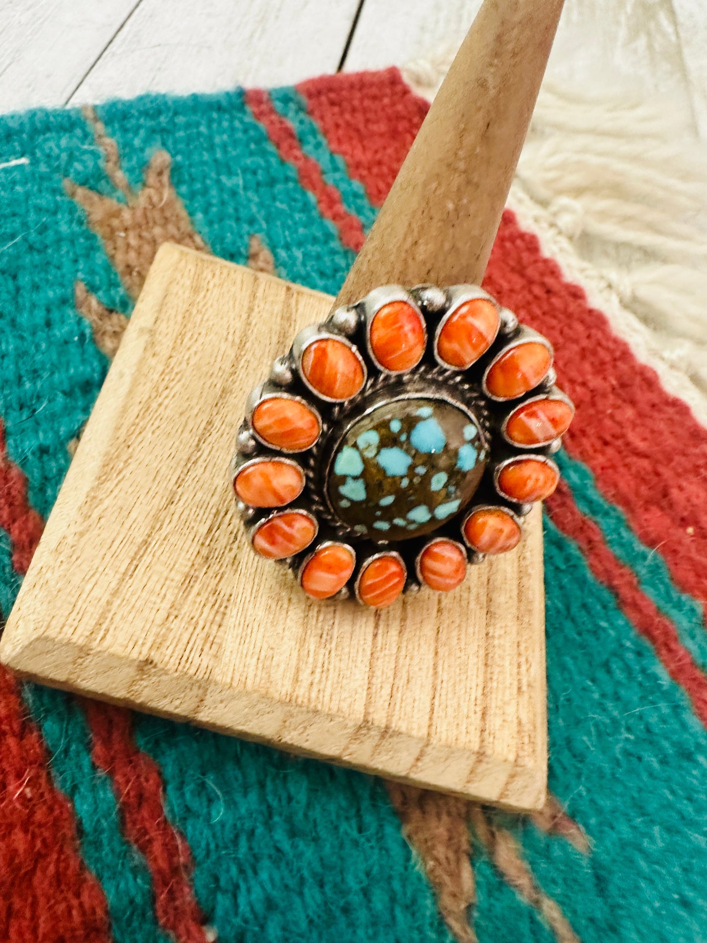 Navajo Sterling Silver, Orange Spiny & Turquoise Cluster Adjustable Ring