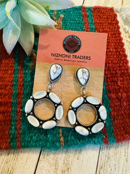 Navajo White Buffalo, Mother of Pearl and Sterling Silver Dangle Earrings