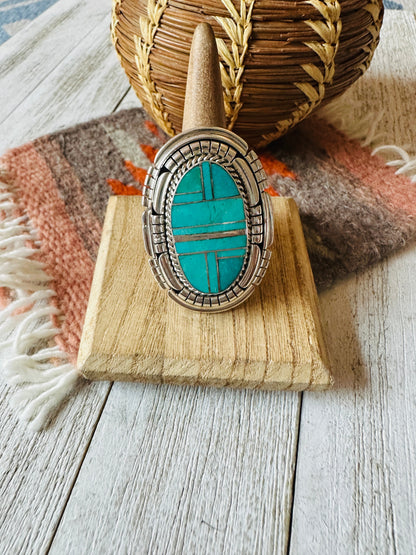 Navajo Sterling Silver & Turquoise Inlay Adjustable Ring