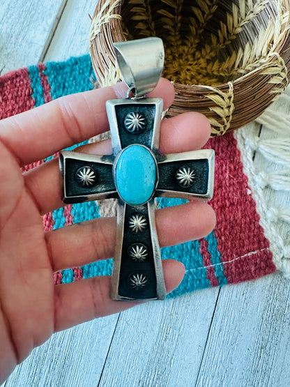 Navajo Sterling Silver & Turquoise Cross Pendant by Chimney Butte