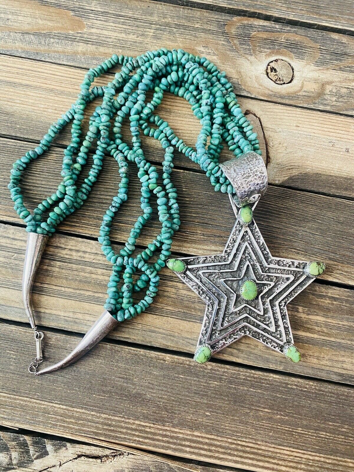 Navajo Turquoise & Sterling Silver Tufa Cast Star Beaded Necklace