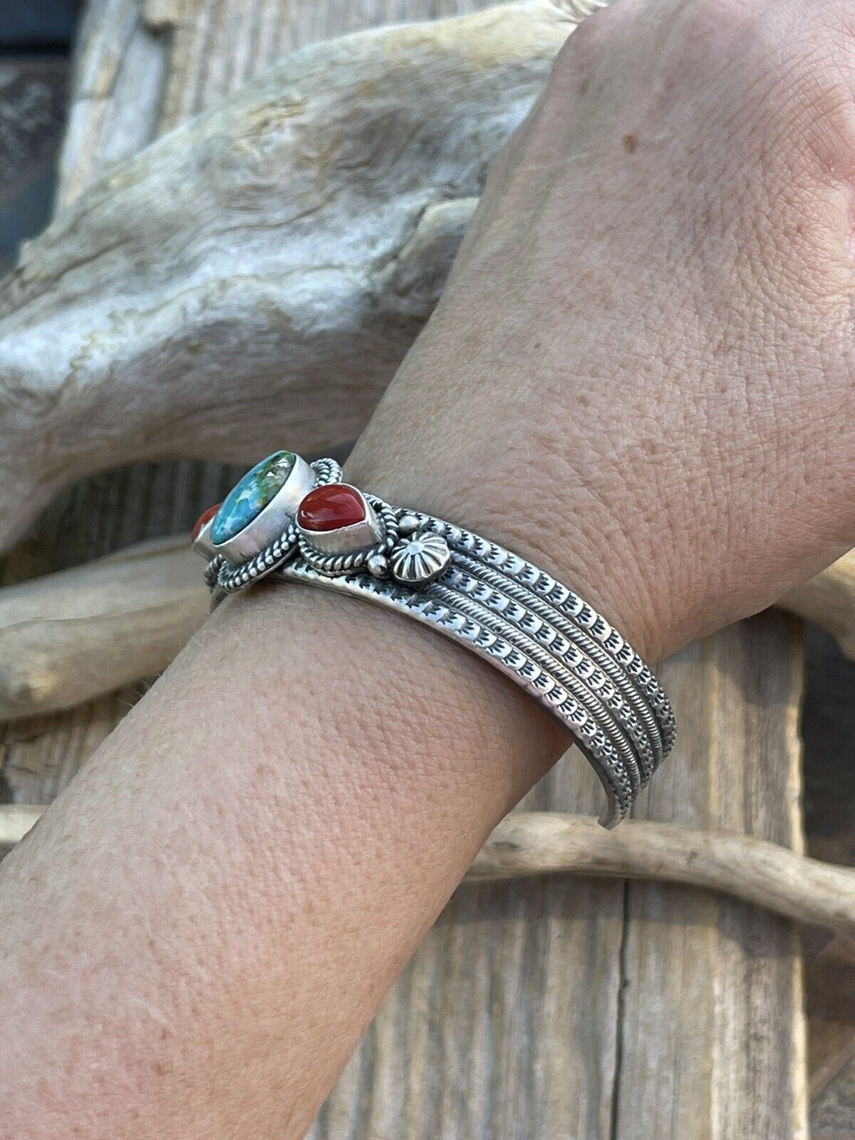 Navajo Sterling Silver Red Coral & Turquoise Bracelet Signed M & R Calladitto