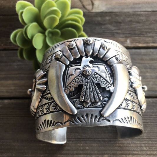 Sterling Silver Navajo Stamped Thunderbird Cuff Made By Rick Enrique