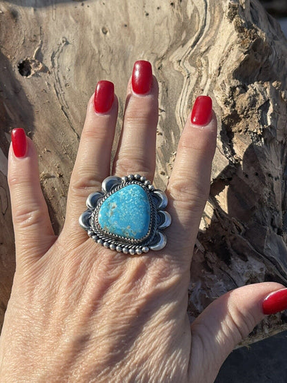 Navajo Classic Turquoise Sterling Southwestern Adjustable Ring Signed