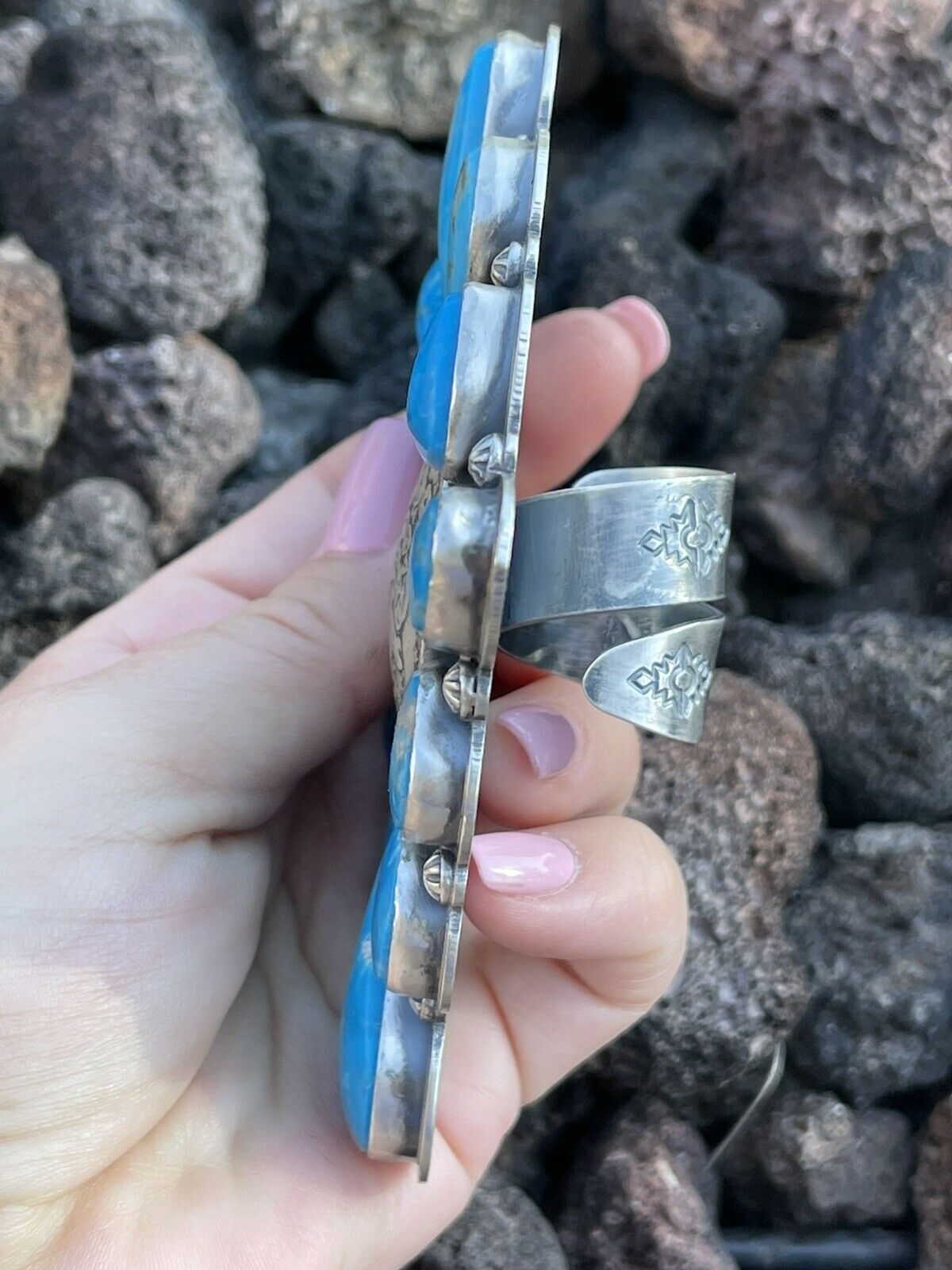 Gorgeous Navajo Sterling Silver Coin & Kingman Turquoise Adjustable Ring