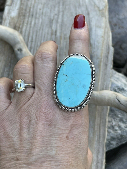 Navajo Vibrant Turquoise Sterling Southwestern Adjustable Ring Signed