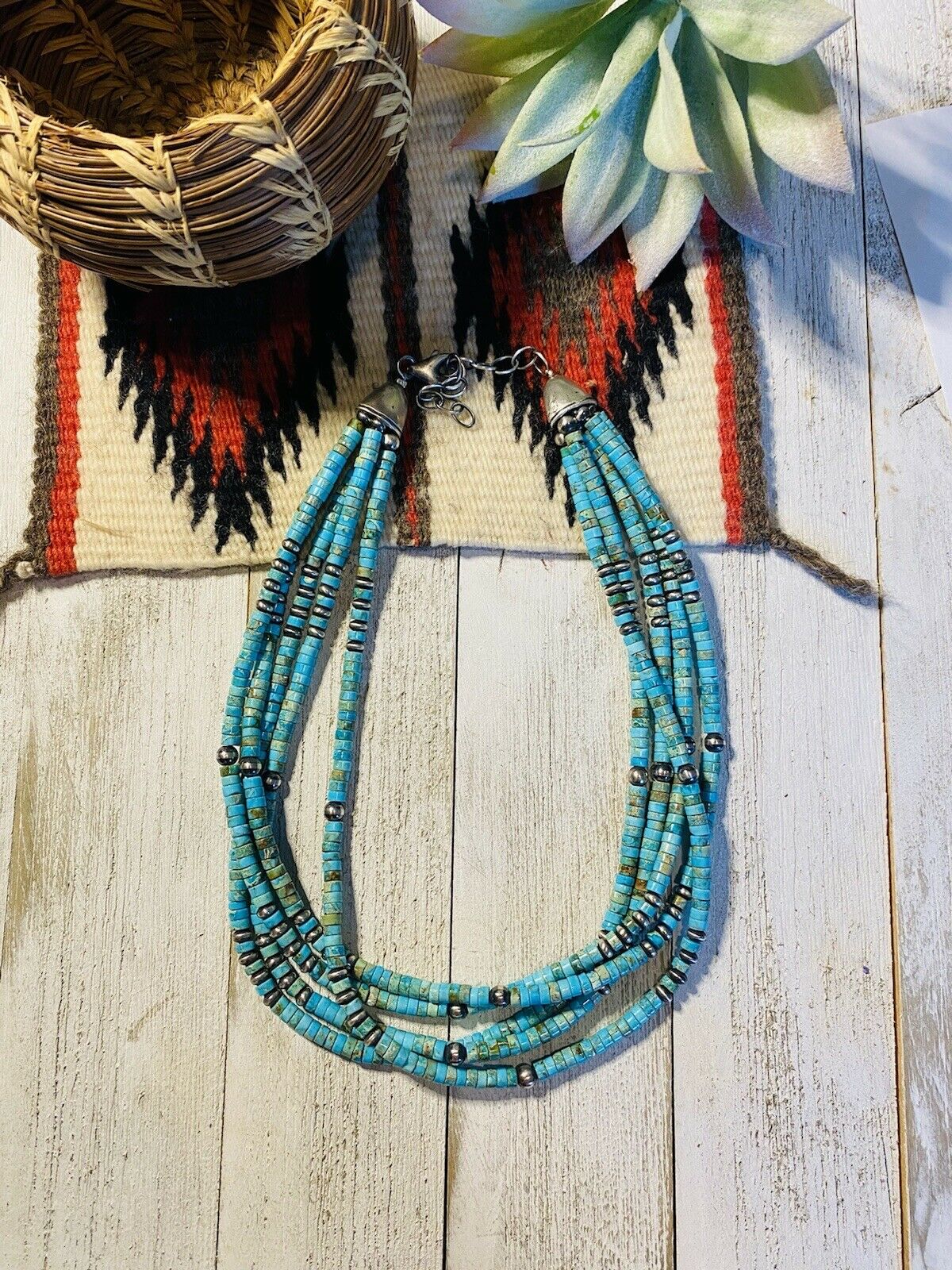 Navajo Turquoise & Sterling Silver Beaded 5 Strand Beaded Necklace