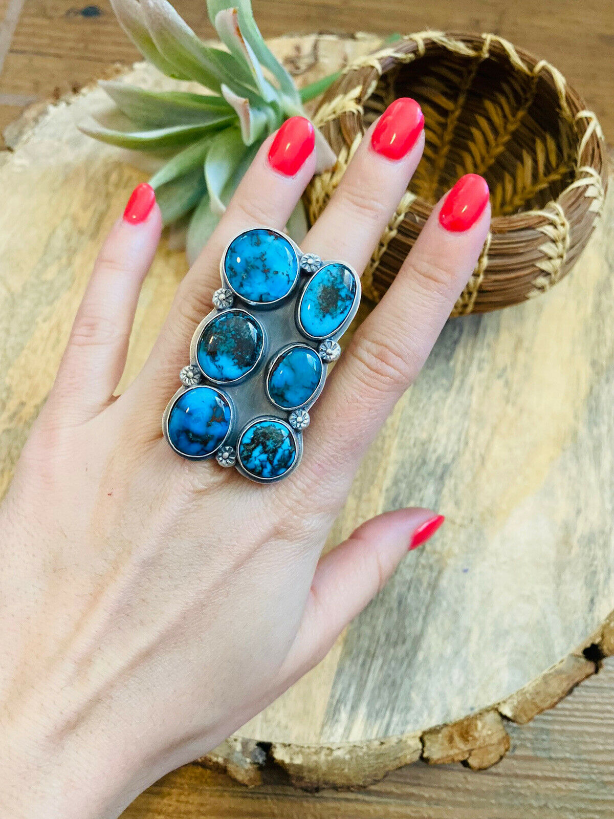 Navajo Kingman Turquoise & Sterling Silver Adjustable Ring Signed