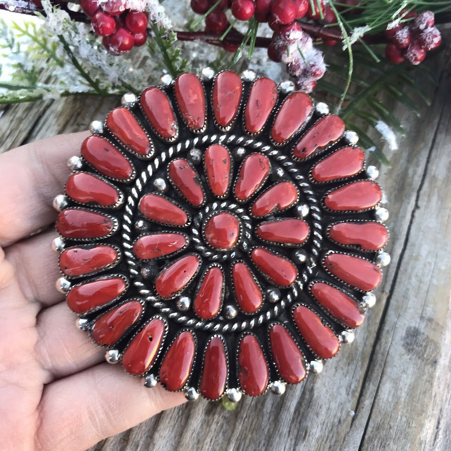 Navajo Jumbo Sterling Silver  Natural Red Coral Cluster Pendant/pin Signed