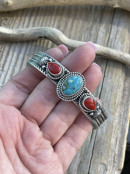 Navajo Sterling Silver Red Coral & Turquoise Bracelet Signed M & R Calladitto