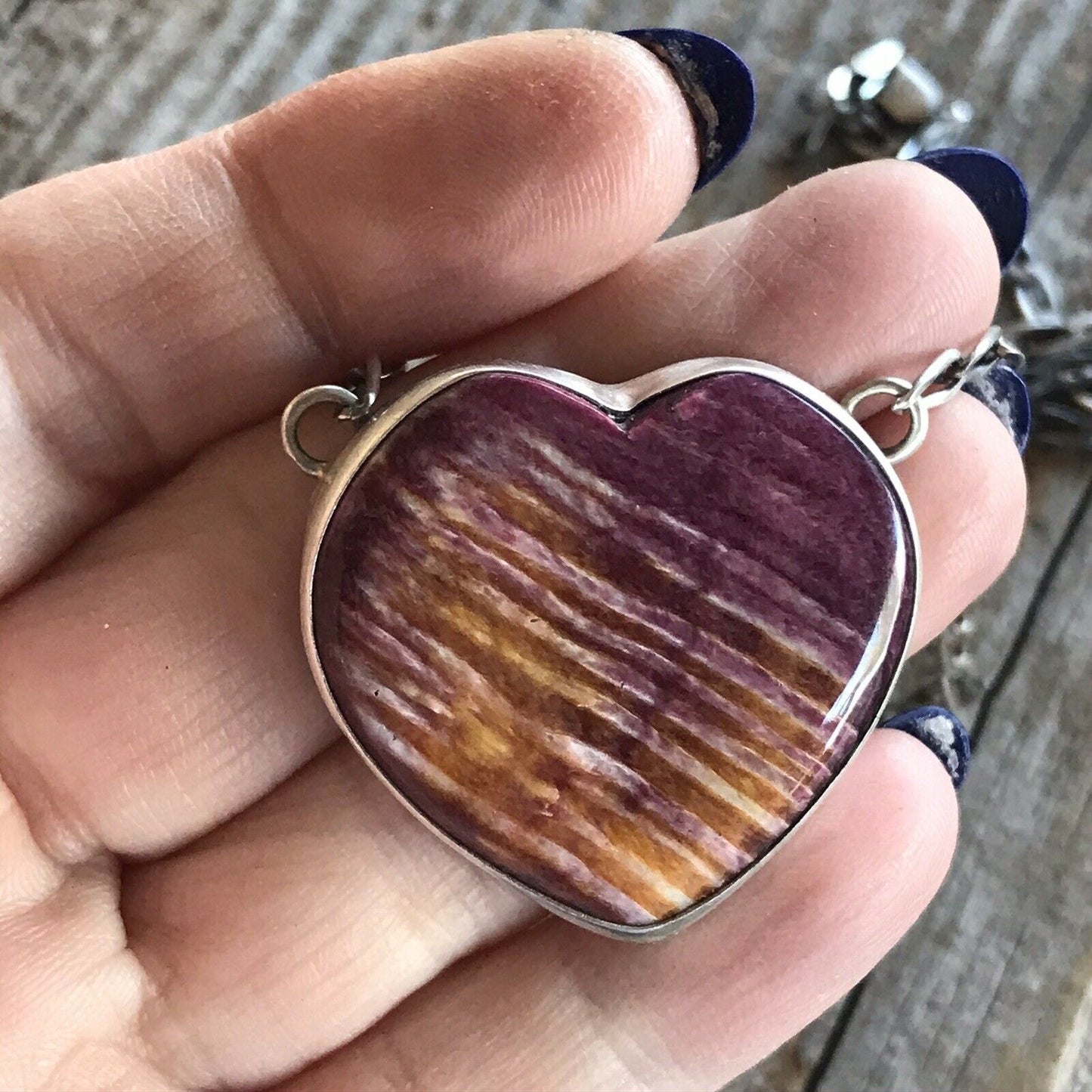 Navajo Purple Spiny And Sterling Silver Heart Necklace Signed