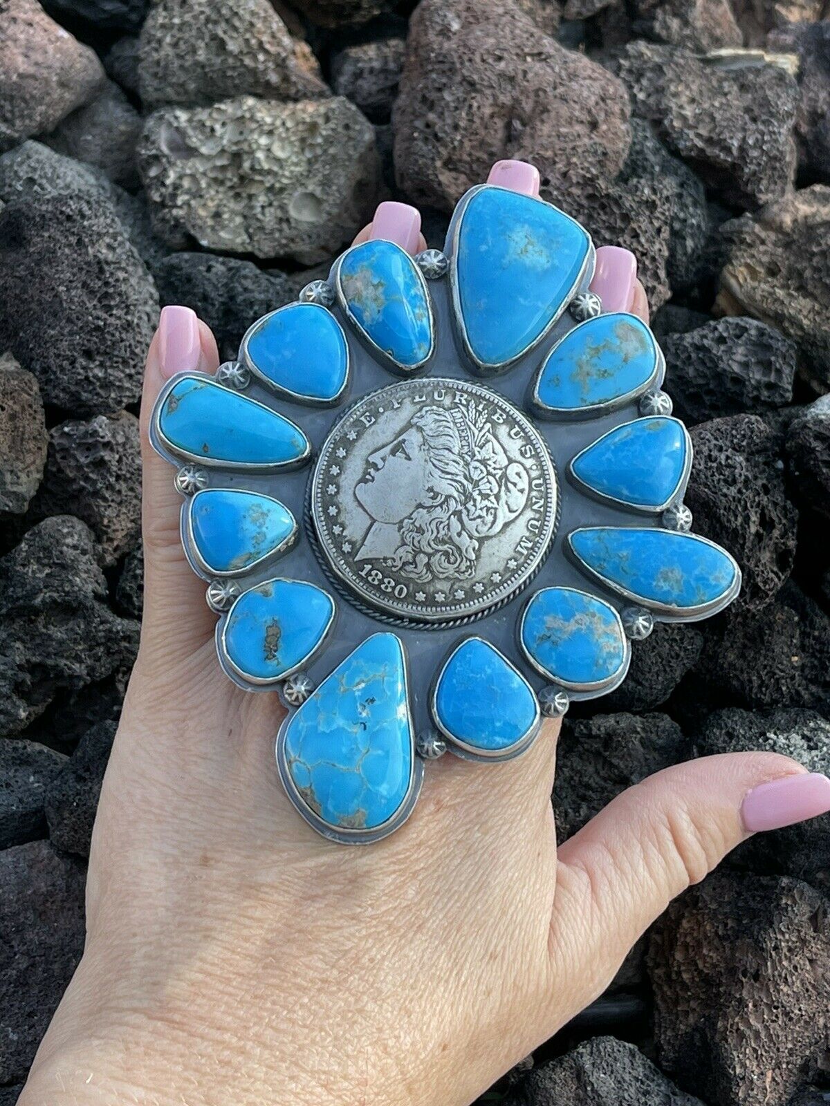 Gorgeous Navajo Sterling Silver Coin & Kingman Turquoise Adjustable Ring