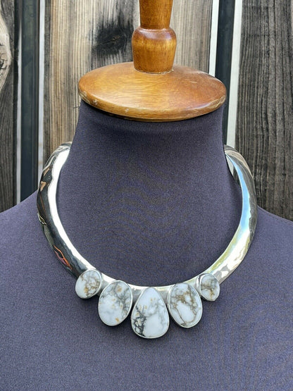 Navajo Sterling Silver & White Buffalo 5 Stone Choker Necklace Signed