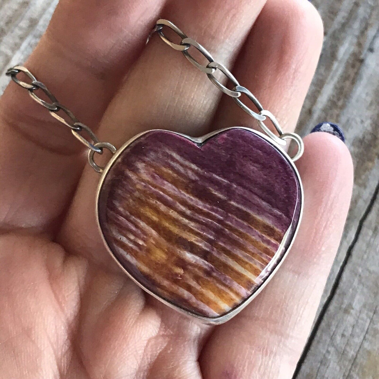 Navajo Purple Spiny And Sterling Silver Heart Necklace Signed