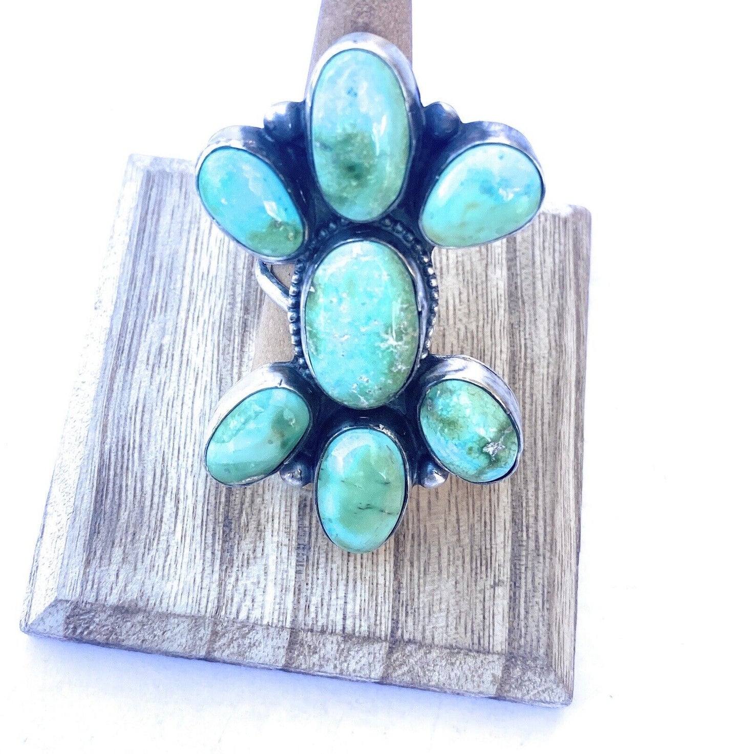 Navajo Carico Lake Turquoise & Sterling Silver Cluster Adjustable Ring