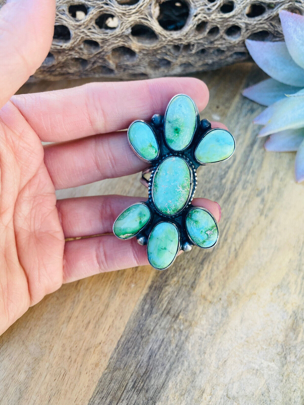 Navajo Carico Lake Turquoise & Sterling Silver Cluster Adjustable Ring