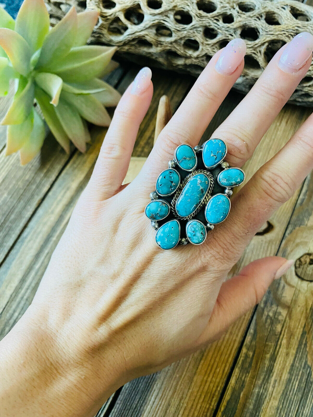 Navajo Royston Turquoise & Sterling Silver Adjustable Ring Signed