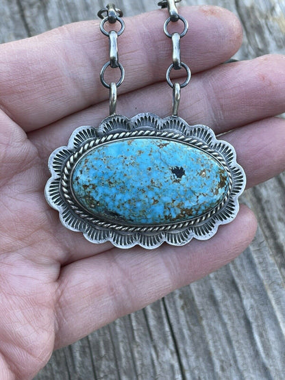 Navajo Sterling Silver & Royston Turquoise Stone Southwest Necklace Signed