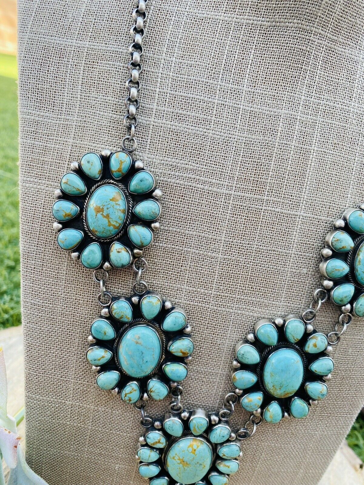 Navajo Carico Lake Turquoise & Sterling Silver Cluster Necklace Signed