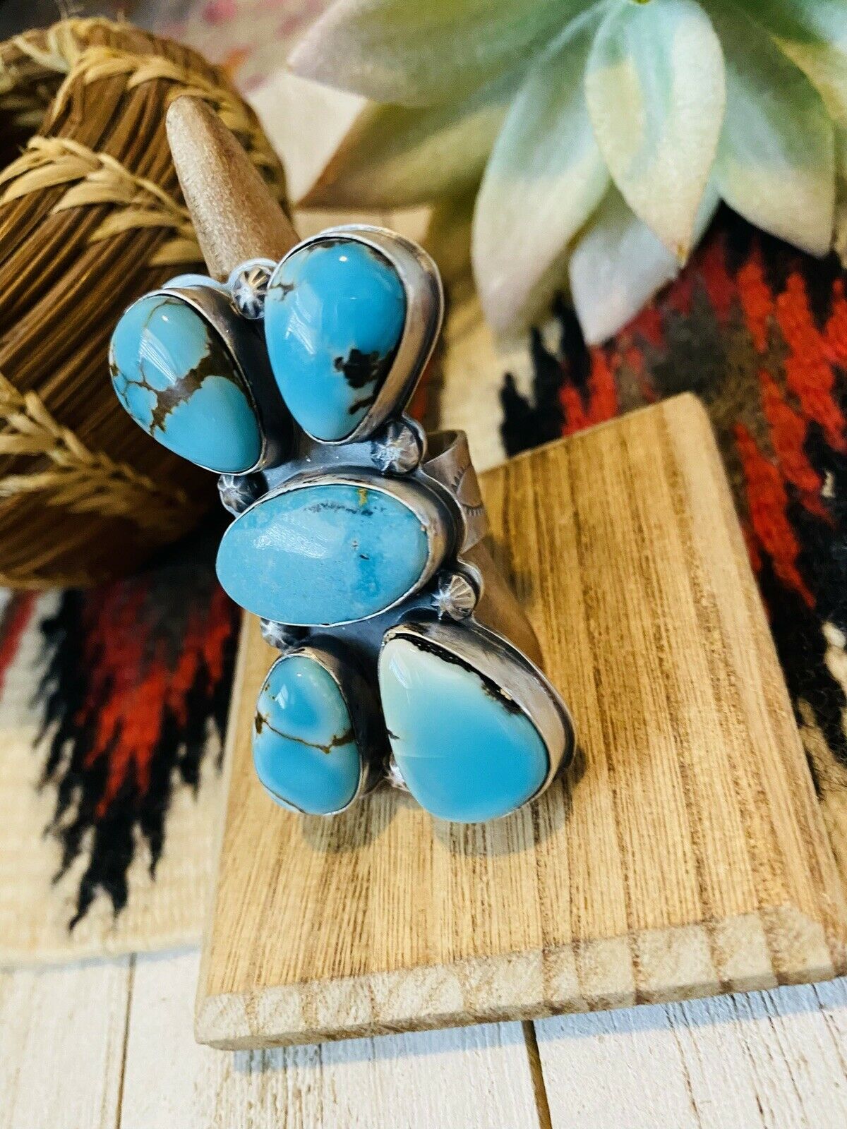 Navajo Turquoise & Sterling Silver Adjustable Ring Signed