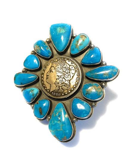 Gorgeous Navajo Sterling Silver Coin & Kingman Turquoise Adjustable Ring