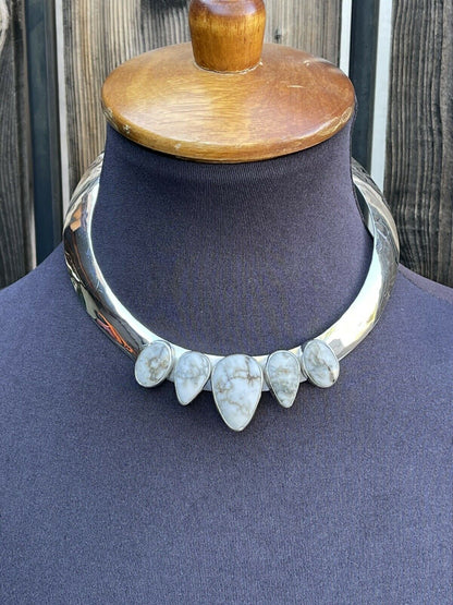 Navajo Sterling Silver  White Buffalo 5 Stone Choker Necklace Signed