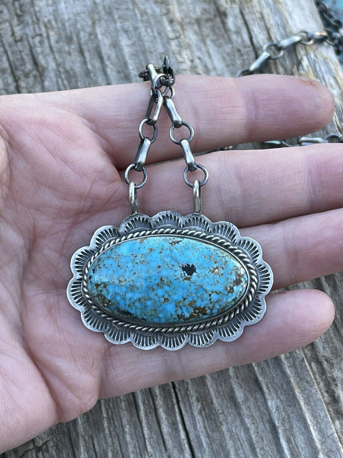 Navajo Sterling Silver & Royston Turquoise Stone Southwest Necklace Signed