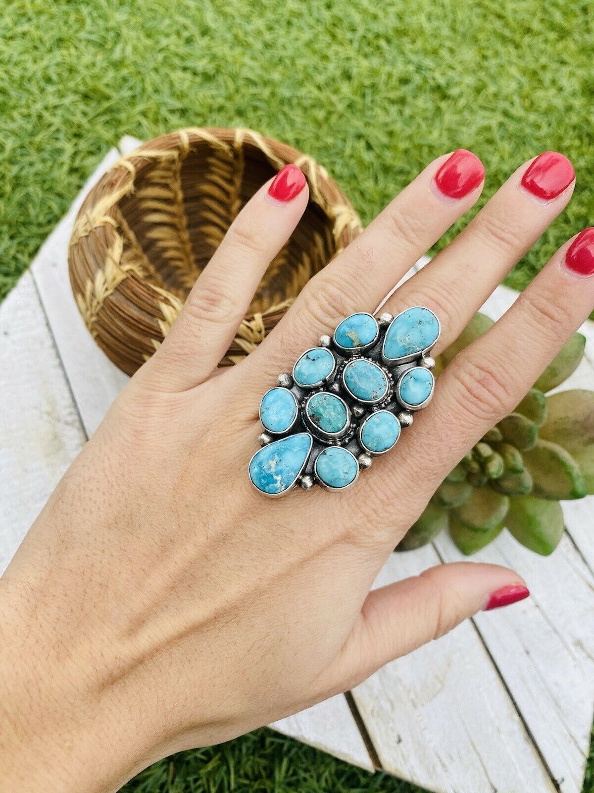 Navajo Turquoise & Sterling Silver Cluster Adjustable Ring