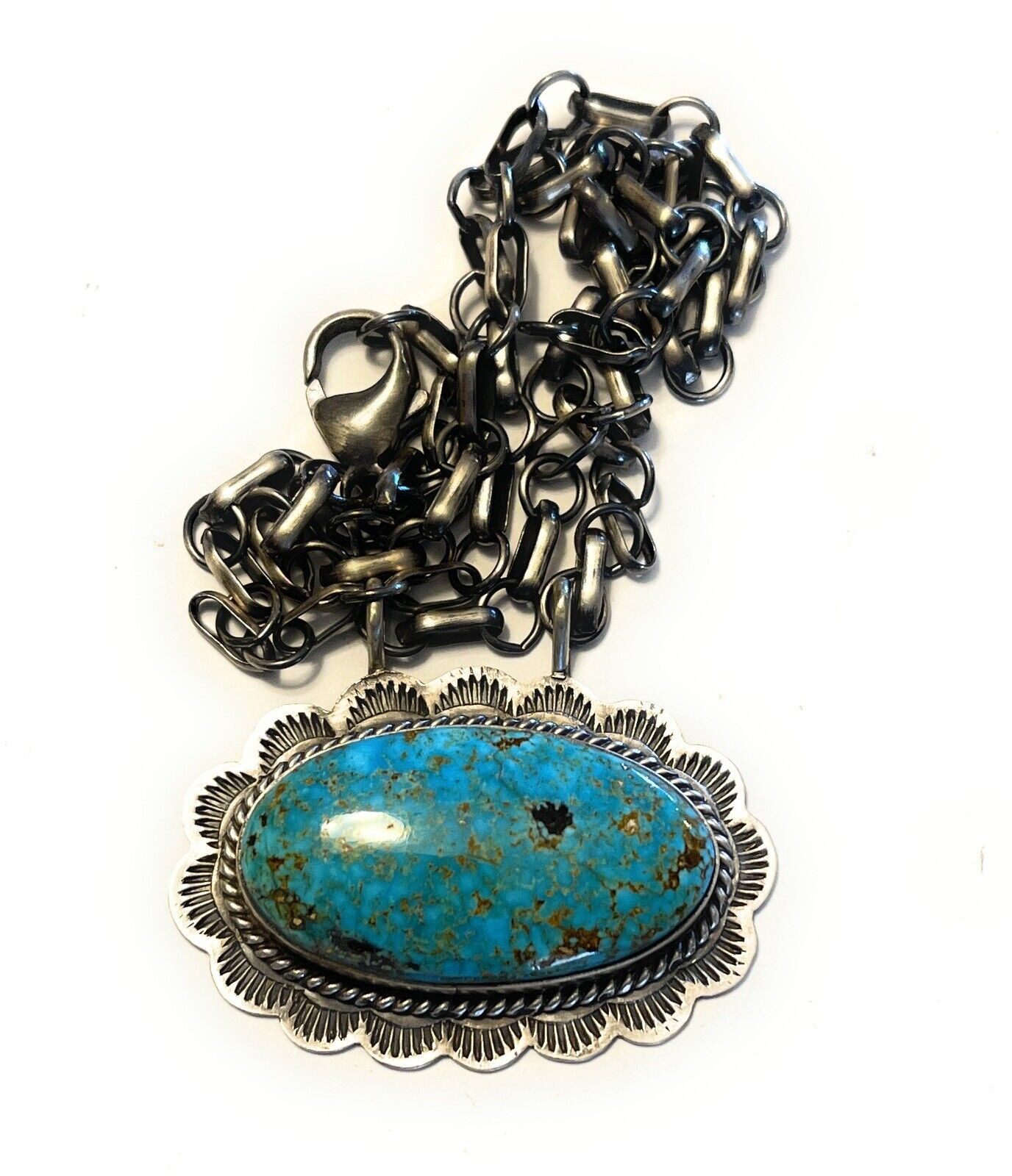 Navajo Sterling Silver & Royston Turquoise Stone Southwest Necklace Signed