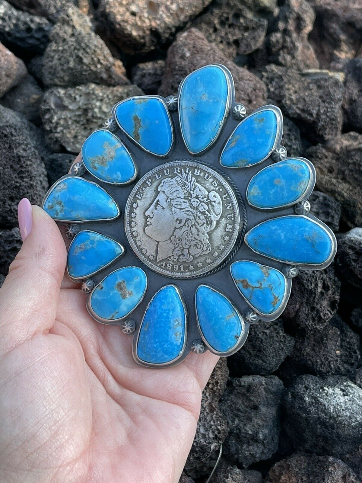 Gorgeous Navajo Sterling Silver Coin & Kingman Turquoise Adjustable Ring