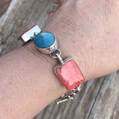 Navajo Turquoise & Orange Spiny Oyster Sterling Silver Link Bracelet Signed