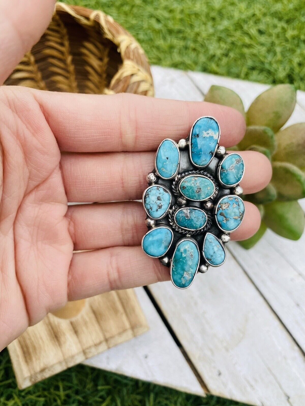 Navajo Turquoise & Sterling Silver Cluster Adjustable Ring