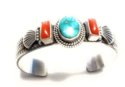 Navajo Sterling Silver Red Coral & Turquoise Bracelet Signed M & R Calladitto