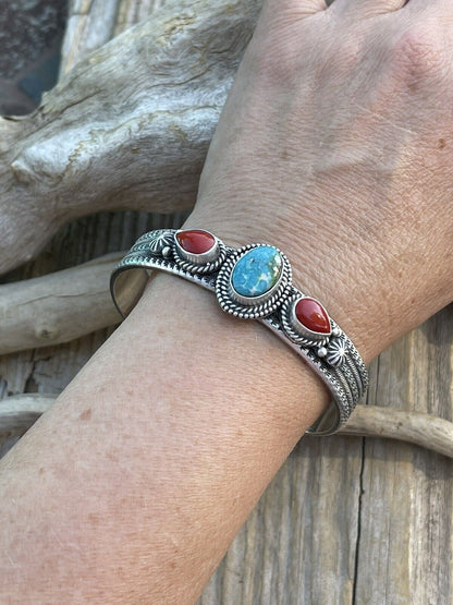 Navajo Sterling Silver Red Coral & Turquoise Bracelet Signed M & R Calladitto