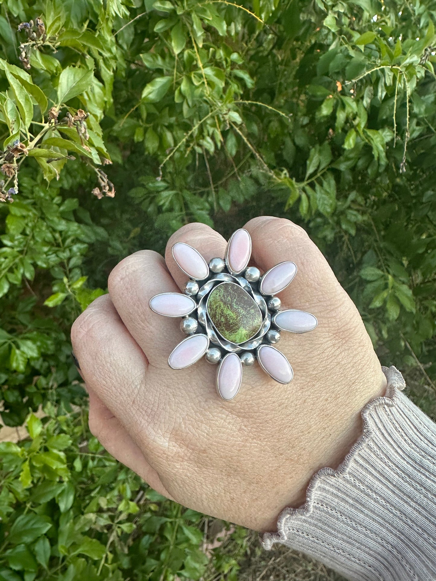 “Pink Blossom” Gorgeous Navajo Turquoise, Pink Conch And Sterling Silver Adjustable Flower Ring Signed