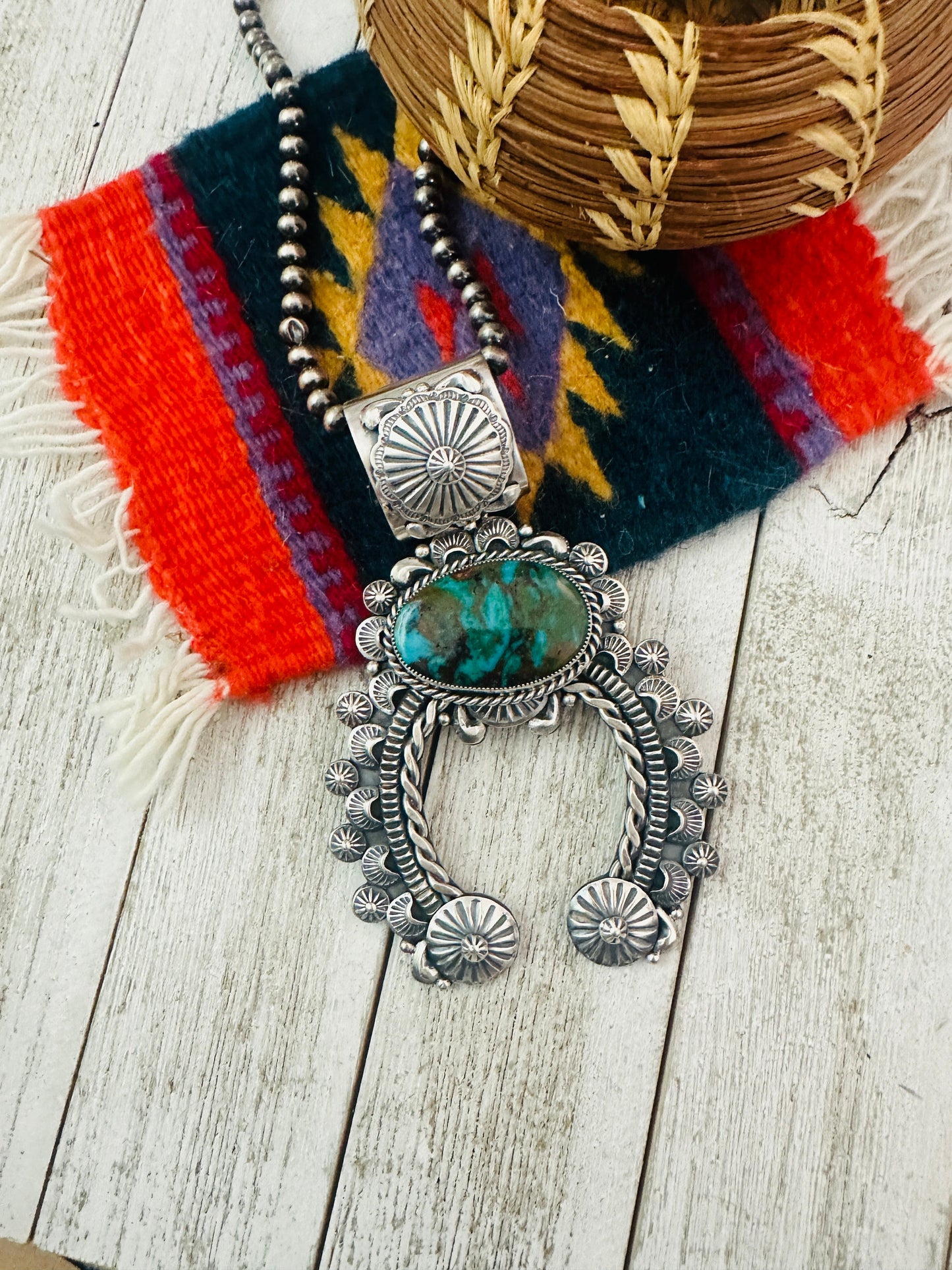 Navajo Kingman Turquoise Mountain & Sterling Silver Naja Pendant