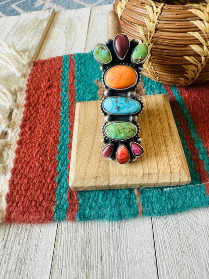 Navajo Sterling Silver, Spiny & Turquoise Cluster Adjustable Ring