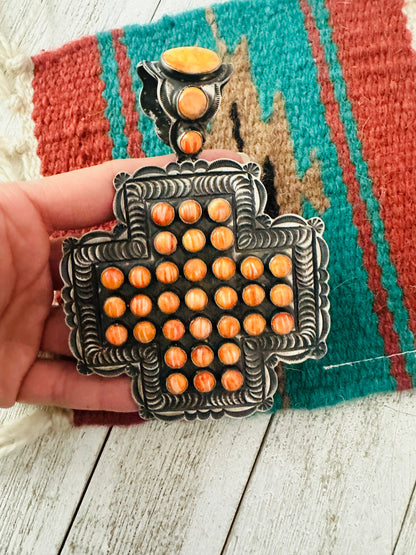 Navajo Sterling Silver & Orange Spiny Cross Pendant by Shawn Cayatineto