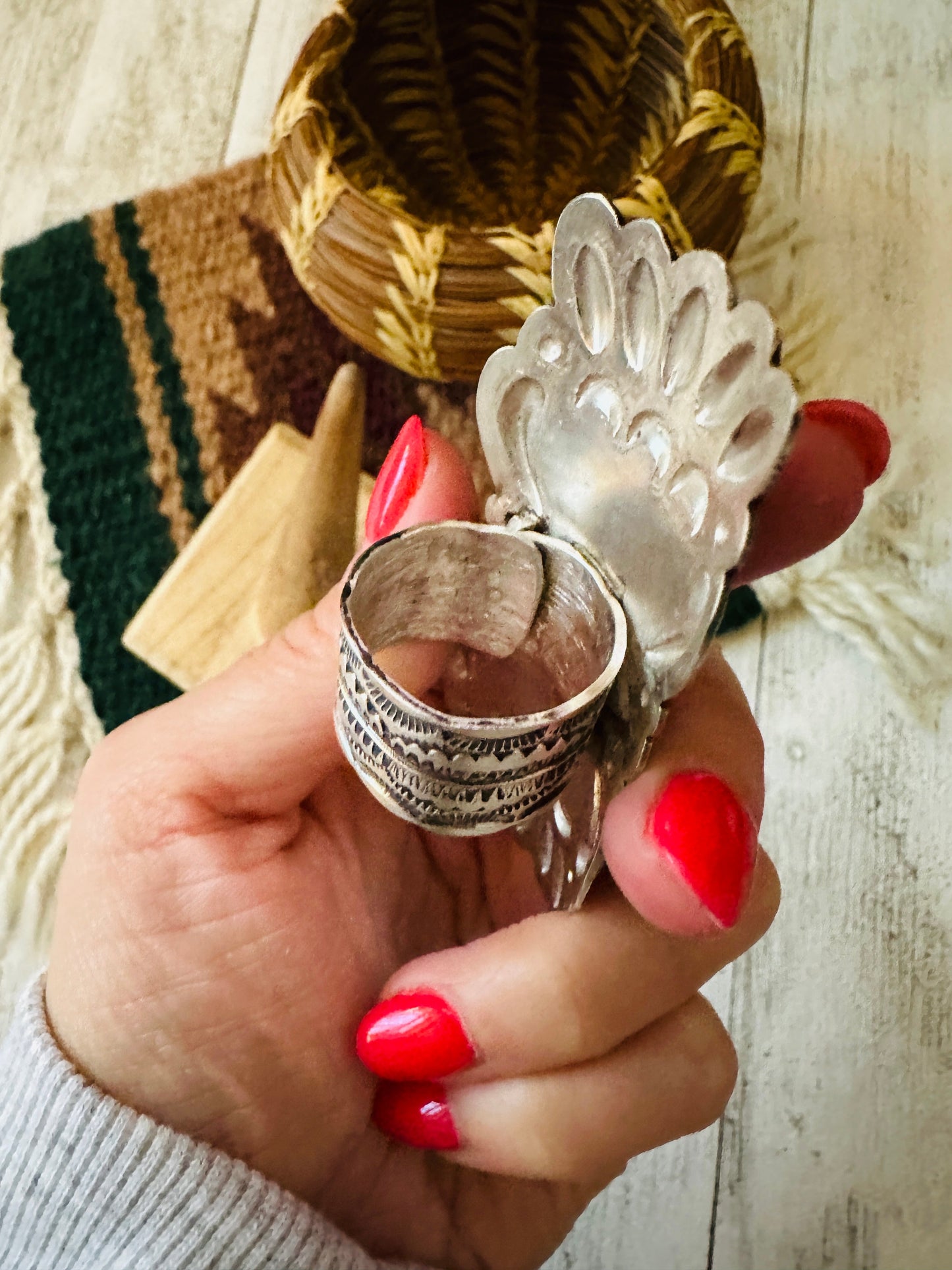 Navajo Sterling Silver, Turquoise & Queen Pink Conch Shell Adjustable Ring