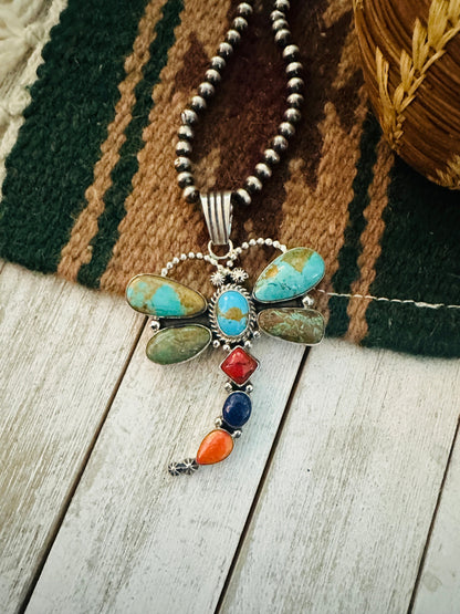 Navajo Multi Stone & Sterling Silver Dragonfly Pendant