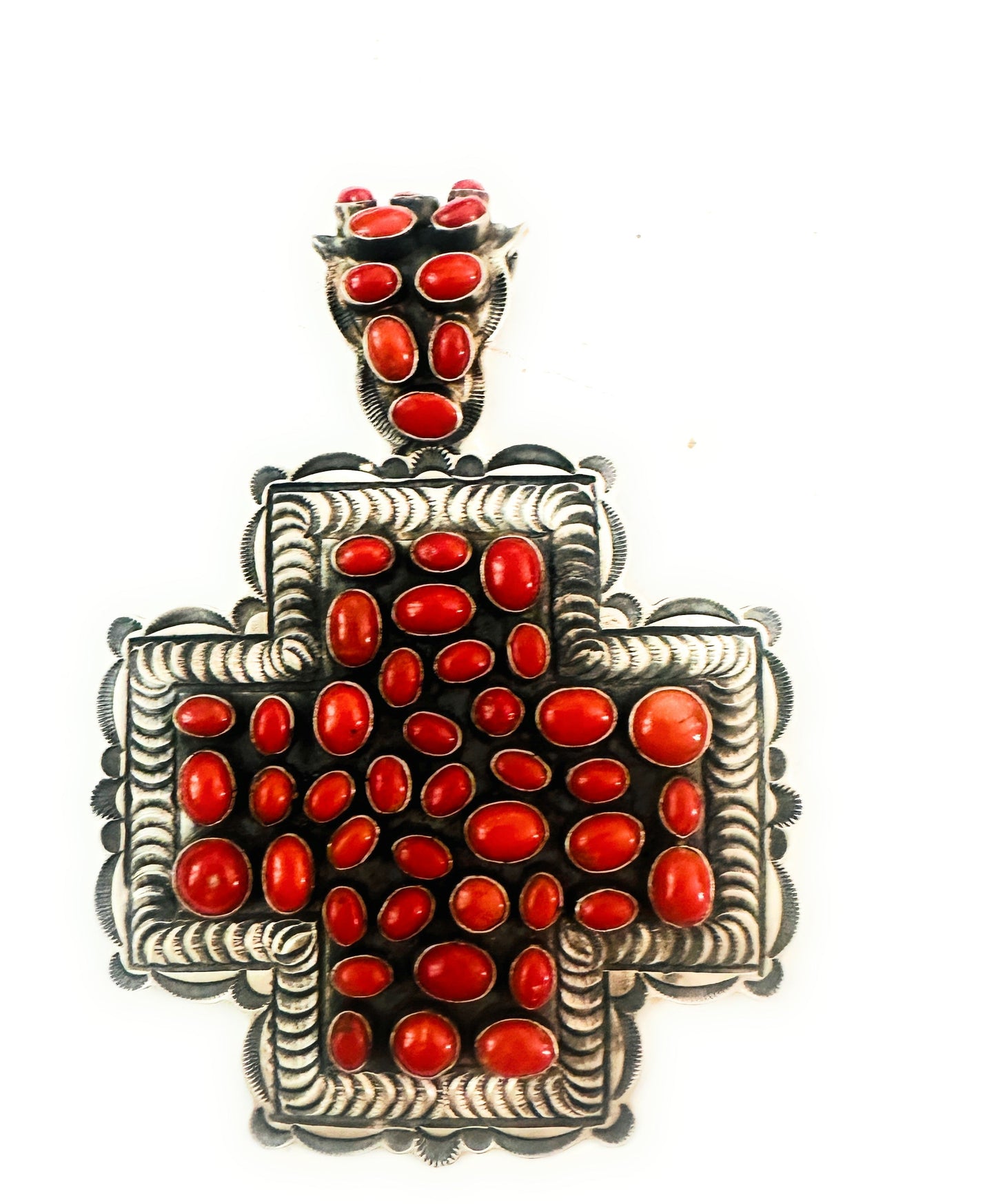 Navajo Sterling Silver & Coral Cross Pendant by Shawn Cayatineto