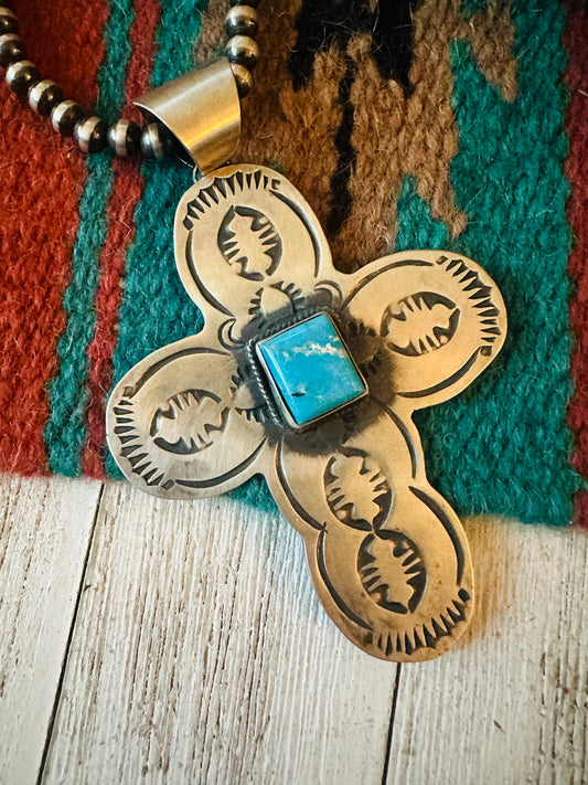 Navajo Sterling Silver & Turquoise Cross Pendant by Chimney Butte