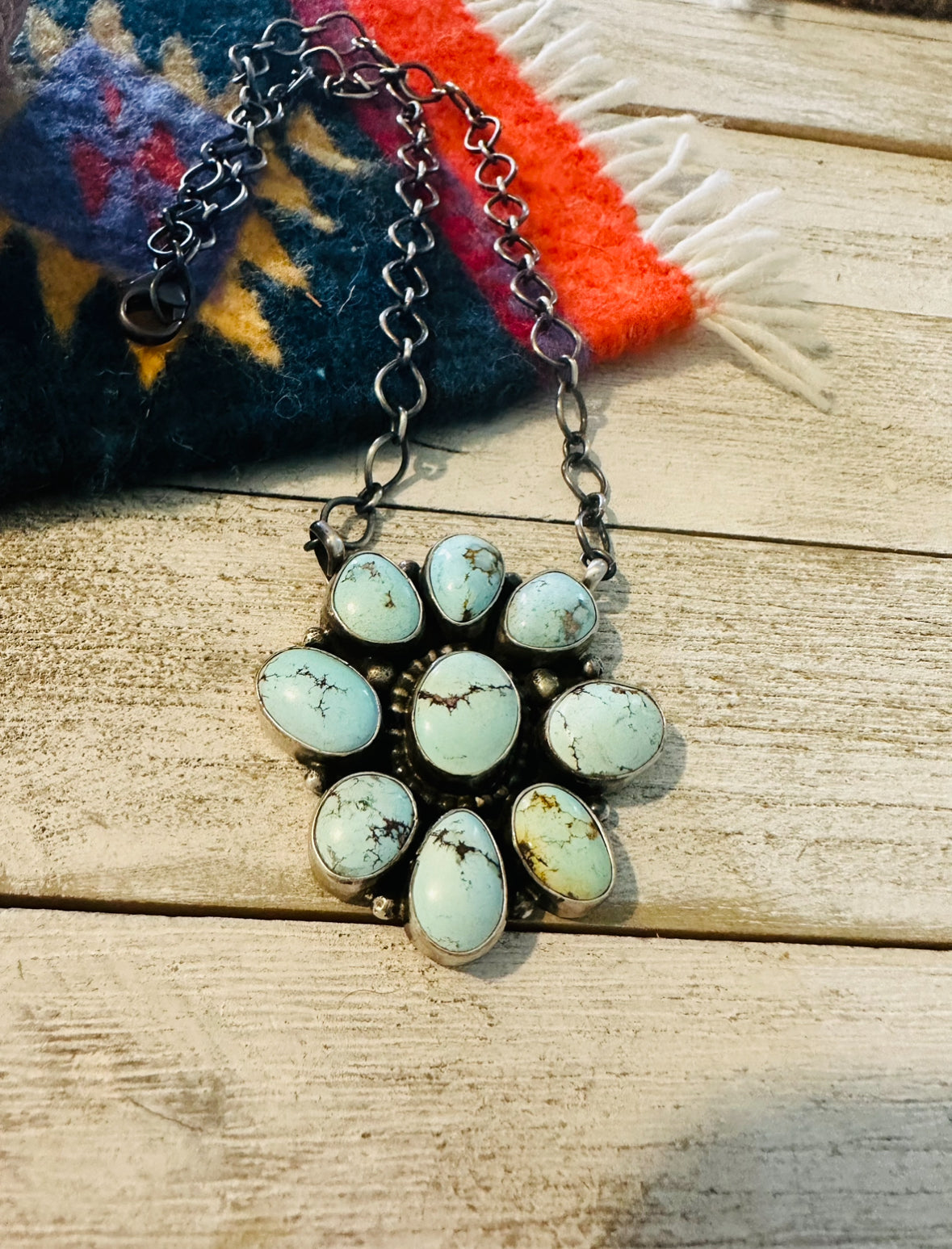 Navajo Sterling Silver & Golden Hills Turquoise Cluster Necklace