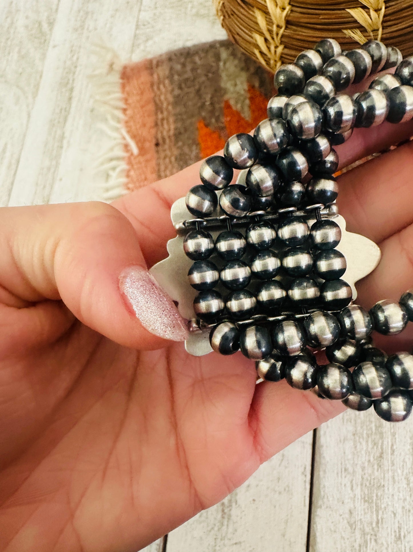 Navajo Palomino Turquoise & Sterling Silver Pearl Beaded Stretch Bracelet